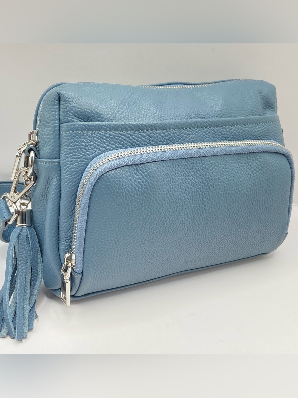 Befen Pebbled Light Blue Leather Crossbody with Tassel Accent and RFID wallet